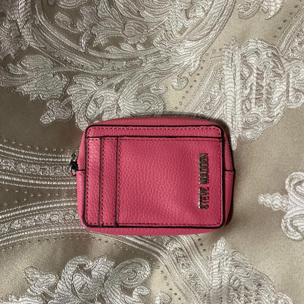 Steve Madden Pink Leather Card Wallet with ID Window and Zip Closure